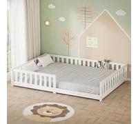 ML-Design Lit au Sol Double 140x200 cm Blanc, avec Sommier à Lattes et Barrière de Protection Anti-Chute, Cadre Montessori pour Enfants et Adolescents en Bois de Pin Massif, Matériel de Montage Inclus