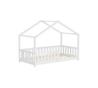 ML-Design Lit Cabane d'enfant 80x160 cm Blanc en Pin Massif avec Protection Antichute, Toit et Sommier à Lattes, Style Maison, Couchage au Sol Montessori Cadre pour Fille Garçon Chambre à Coucher