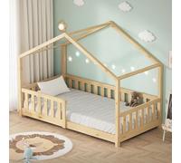 ML-Design Lit Cabane d'enfant 80x160 cm Naturel en Pin Massif avec Protection Antichute, Toit et Sommier à Lattes, Style Maison, Couchage au Sol Montessori Cadre pour Fille Garçon Chambre à Coucher