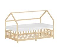 ML-Design Lit Cabane Enfant 120x200 cm Naturel (Beige) en Bois avec Matelas, Protection Anti-chute, Toit et Sommier à Lattes, Style Maison, Couchage Maisonnette Lit Double pour Adolescent Fille Garçon
