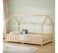 ML-Design Lit Cabane Enfant 120x200 cm Naturel (Beige) en Bois avec Protection Étendue Anti-Chute, Toit et Sommier à Lattes, Style Maison, Couchage Maisonnette Lit Double pour Adolescent Fille Garçon