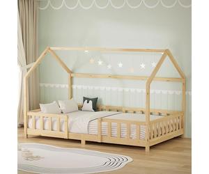 ML-Design Lit Cabane Enfant 120x200 cm Naturel (Beige) en Bois avec Protection Étendue Anti-Chute, Toit et Sommier à Lattes, Style Maison, Couchage Maisonnette Lit Double pour Adolescent Fille Garçon