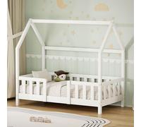 ML-Design Lit Cabane Enfant 70x140 cm Blanc en Bois de Pin Massif avec Protection Antichute, Toit et Sommier à Lattes Contreplaqué, Style Maison, Couchage Maisonnette Lit Simple pour Fille ou Garçon