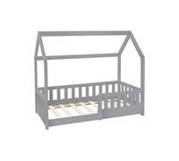 ML-Design Lit Cabane Enfant 70x140 cm Gris Clair en Bois Massif avec Protection Contre la Chute, Toit et Sommier à Lattes, Style Maison, Couchage Maisonnette Barrière de Sécurité pour Fille Garçon