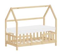 ML-Design Lit Cabane Enfant 70x140 cm Naturel (Beige) en Bois de Pin avec Matelas, Protection Anti-Chute, Toit et Sommier à Lattes, Style Maison, Couchage Maisonnette Lit Simple pour Fille Garçon