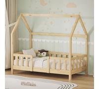 ML-Design Lit Cabane Enfant 70x140 cm Naturel (Beige) en Bois de Pin Massif avec Protection Contre la Chute, Toit et Sommier à Lattes, Style Maison, Couchage Maisonnette Lit Simple pour Fille Garçon