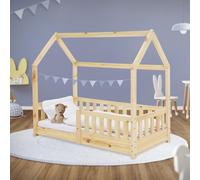 ML-Design – Lit cabane enfant 70x140 cm bois massif naturel, toit, barrière, sommier à lattes
