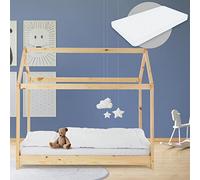 ML-Design Lit Cabane Enfant 80x160 cm avec Matelas, Toit et Sommier à Lattes, Naturel en Bois de Pin Massif, Couchage au Sol Maisonnette pour Fille Garçon Adolescent Chambre à Coucher, Style Maison