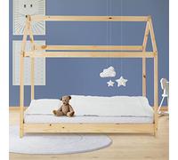 ML-Design Lit Cabane Enfant 80x160 cm avec Toit et Sommier à Lattes, Naturel en Bois Massif, Couchage au Sol Maisonnette pour Fille Garçon Adolescent Chambre à Coucher, Structure Style Maison