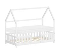 ML-Design Lit Cabane Enfant 80x160 cm Blanc en Bois de Pin Massif avec Matelas, Protection Anti-Chute, Toit et Sommier à Lattes, Style Maison, Couchage Maisonnette Lit Simple pour Fille Garçon