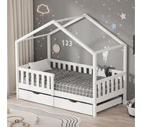 ML-Design Lit Cabane Enfant 80x160 cm Blanc en Bois Massif avec 2 Tiroirs, Protection Anti-Chute, Toit et Sommier à Lattes, Style Maison, Couchage Maisonnette Barrière de Sécurité pour Fille Garçon