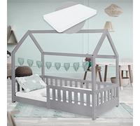 ML-Design Lit Cabane Enfant 80x160 cm Gris Clair avec Matelas, Protection Contre la Chute, Toit et Sommier à Lattes, en Bois Massif, Style Maison, Couchage au Sol Maisonnette pour Fille Garçon