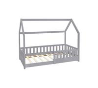 ML-Design Lit Cabane Enfant 80x160 cm Gris Clair en Bois Massif avec Protection Contre la Chute, Toit et Sommier à Lattes, Style Maison, Couchage Maisonnette Barrière de Sécurité pour Fille Garçon