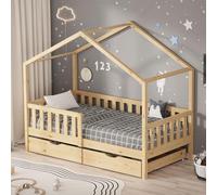 ML-Design Lit Cabane Enfant 80x160 cm Naturel en Bois Massif avec 2 Tiroirs, Protection Anti-Chute, Toit et Sommier à Lattes, Style Maison, Couchage Maisonnette Barrière de Sécurité pour Fille Garçon