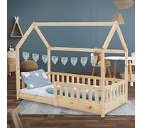 ML-Design Lit Cabane Enfant 80x160 cm Naturel en Bois Massif avec Protection Contre la Chute, Toit et Sommier à Lattes, Style Maison, Couchage Maisonnette Barrière de Sécurité pour Fille Garçon