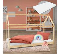 ML-Design Lit Cabane Enfant 90x200 cm avec Matelas H:16cm, Toit et Sommier à Lattes, Naturel en Bois Massif, Couchage au Sol Maisonnette pour Fille Garçon Adolescent Chambre à Coucher, Style Maison