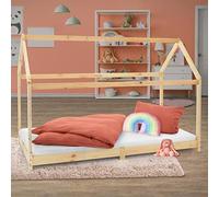 ML-Design Lit Cabane Enfant 90x200 cm avec Toit et Sommier à Lattes, Naturel en Bois de Pin Massif, Couchage au Sol Maisonnette pour Fille Garçon Adolescent Chambre à Coucher, Structure Style Maison