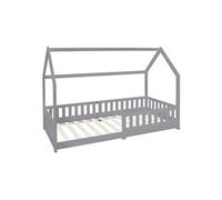 ML-Design Lit Cabane Enfant 90x200 cm Gris Clair en Bois Massif avec Protection Contre la Chute, Toit et Sommier à Lattes, Style Maison, Couchage Maisonnette Barrière de Sécurité pour Fille Garçon