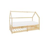 ML-Design - Lit cabane enfant 90x200 cm naturel, matelas 10 cm, protection anti-chute, bois massif