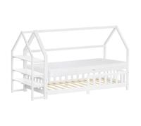 ML-Design Lit Cabane Enfant 90x200cm Blanc en Bois avec Matelas H16cm, Étagère, Protection Anti-Chute, Toit et Sommier à Lattes, Style Maison, Couchage Maisonnette Lit Simple pour Fille ou Garçon