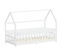 ML-Design Lit Cabane Enfant 90x200cm Blanc en Bois de Pin Massif avec Matelas H10cm, Protection Anti-Chute, Toit et Sommier à Lattes, Style Maison, Couchage Maisonnette Lit Simple pour Fille Garçon