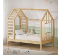 ML-Design Lit Cabane Enfant avec Toit et Fenêtre en Bois de Pin, 70x140 cm | Lit Montessori en Forme de Maison avec Sommier à Lattes, Cadre Robuste pour Filles et Garçons, Charge Max. 80 kg, Naturel