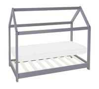 ML-Design Lit Cabane Enfant 70x140 cm avec Matelas, Toit et Sommier à Lattes, Gris Clair en Bois Massif, Couchage au Sol Maisonnette pour Fille Garçon Adolescent Chambre à Coucher, Style Maison