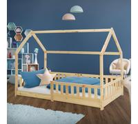 ML-Design Lit d'enfant 90x200 cm avec protection contre les chutes, toit et sommier à lattes, naturel, lit de maison en pin massif, lit au sol, lit en bois