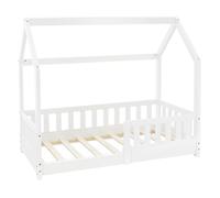 ML-Design Lit Cabane Enfant 70x140 cm Blanc en Bois Massif avec Protection Contre la Chute, Toit et Sommier à Lattes, Style Maison, Couchage Maisonnette Barrière de Sécurité pour Fille Garçon