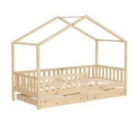 ML-Design lit d'enfant lit de maison 90x200 cm naturel avec 2 tiroirs, lit en bois avec protection contre les chutes