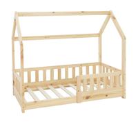 ML-Design – Lit cabane enfant 70x140 cm bois massif naturel, toit, barrière, sommier à lattes