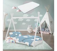 ML-Design Lit d'enfant Tipi 70 x 140 cm Blanc avec Matelas à Mousse Froide Hypoallergénique et Sommier à Lattes, Housse Amovible Respirant Lavable, Cadre de Lit Style Indien en Bois de Pin Massif