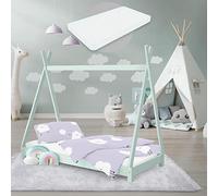 ML-Design Lit d'enfant Tipi 70 x 140 cm Menthe avec Matelas à Mousse Froide Hypoallergénique et Sommier à Lattes, Housse Amovible Respirant Lavable, Cadre de Lit Style Indien en Bois de Pin Massif
