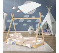 ML-Design Lit d'enfant Tipi 70 x 140 cm Naturel avec Matelas à Mousse Froide Hypoallergénique et Sommier à Lattes, Housse Amovible Respirant Lavable, Cadre de Lit Style Indien en Bois de Pin Massif
