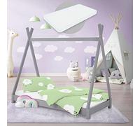 ML-Design Lit d'enfant Tipi 80x160 cm Gris Clair avec Matelas à Mousse Froide Hypoallergénique et Sommier à Lattes, Housse Amovible Respirant Lavable, Cadre de Lit Style Indien en Bois de Pin Massif