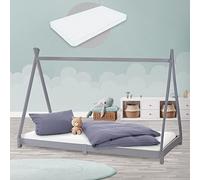 ML-Design Lit d'enfant Tipi 90x200 cm Gris Clair avec Matelas à Mousse Froide Hypoallergénique et Sommier à Lattes, H:10 cm, Housse Amovible Respirant Lavable, Cadre de Lit Style Indien Bois de Pin