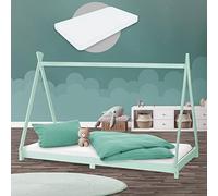 ML-Design Lit d'Enfant Tipi 90x200 cm Menthe avec Matelas à Mousse Froide Hypoallergénique et Sommier à Lattes, H:10 cm, Housse Amovible Respirant Lavable, Cadre de Lit Style Indien Bois de Pin Massif