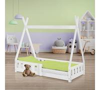 ML-Design Lit d'enfant Tipi Blanc avec Protection Contre Les Chutes en Bois de Pin Massif 140x70 cm Sommier á Lattes et Grille de Sécurité Style Maison Lit Indien Tente de Jeu pour Enfants