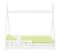 ML-Design Lit d'enfant Tipi Blanc avec Protection Contre Les Chutes en Bois de Pin Massif 140x70 cm Sommier á Lattes et Grille de Sécurité Style Maison Lit Indien Tente de Jeu pour Enfants