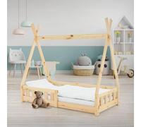 ML-Design Lit d'enfant Tipi Nature avec Protection Contre Les Chutes en Pin Massif Naturel 140x70 cm Sommier À Lattes Et Grille De Sécurité Style Maison Indien Tente De Jeu pour Enfants