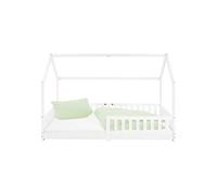 ML-Design Lit Cabane Enfant 90x200 cm Blanc en Bois Massif avec Protection Contre la Chute, Toit et Sommier à Lattes, Style Maison, Couchage Maisonnette Barrière de Sécurité pour Fille Garçon