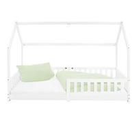 ML-Design Lit Cabane Enfant 90x200 cm Blanc en Bois Massif avec Protection Contre la Chute, Toit et Sommier à Lattes, Style Maison, Couchage Maisonnette Barrière de Sécurité pour Fille Garçon