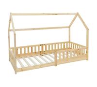 ML-Design Lit d'enfant 90x200 cm avec protection contre les chutes, toit et sommier à lattes, naturel, lit de maison en pin massif, lit au sol, lit en bois