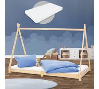 ML-Design Lit d'enfants Tipi 90x200 cm Naturel avec Matelas à Mousse Froide, H:16 cm, Housse Amovible, Sommier à Lattes, Style Indien, Lit en Bois de Pin Massif pour Intérieur, pour Filles/Garçons