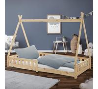 ML-Design Lit d'enfants Tipi 90x200 cm Naturel avec Protection Antichutes et Sommier à Lattes, Bois de Pin, Style Indien pour Filles/Garçons, d'Intérieur avec Clôture, Maison d'enfant Tente de Jeu