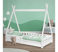 ML-Design Lit d'enfants Tipi Blanc avec Protection Contre Les Chutes en Bois de Pin Massif 80x160 cm Sommier á Lattes et Grille de Sécurité en Style Maison Lit Indien Tente de Jeu pour Enfants