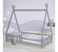 ML-Design Lit d'enfants Tipi Gris Clair avec Protection Contre Les Chutes en Bois de Pin Massif 80x160 cm Sommier á Lattes et Grille de Sécurité en Style Maison Lit Indien Tente de Jeu pour Enfants