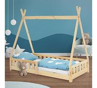 ML-Design Lit d'enfants Tipi Naturel avec Protection Contre Les Chutes en Bois de Pin Massif 80x160 cm Sommier á Lattes et Grille de Sécurité en Style Maison Lit Indien Tente de Jeu pour Enfants