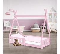 ML-Design Lit d'enfants Tipi Rose avec Protection Contre Les Chutes en Bois de Pin Massif 140x70 cm Sommier á Lattes et Grille de Sécurité Style Maison Lit Indien Tente De Jeu pour Enfants