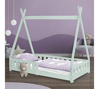 ML-Design Lit d'enfants Tipi Vert Menthe avec Protection Contre Les Chutes en Bois de Pin Massif 80x160 cm Sommier á Lattes et Grille de Sécurité en Style Maison Lit Indien Tente de Jeu pour Enfants
